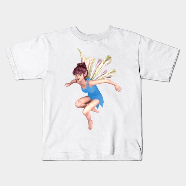 Let's Play elf fairy faerie jumping in blue with butterfly wings Kids T-Shirt by Fantasyart123